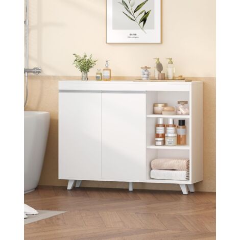 Meuble Salle de Bain,Meuble de Rangement avec 2 Portes, Armoire de Rangement avec 3 Étagère Ouvertes, Grande Capacité, Moderne, pour Salon, Salle de Bain,Blanc