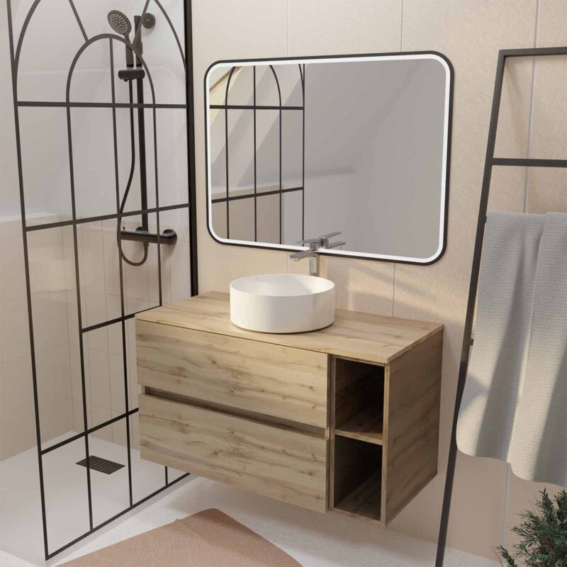 Aurlane - Meuble salle de bains 100 timber Décor Chêne 2 Tiroirs, Vasque Blanche, Miroir 100x70 led bord Noir