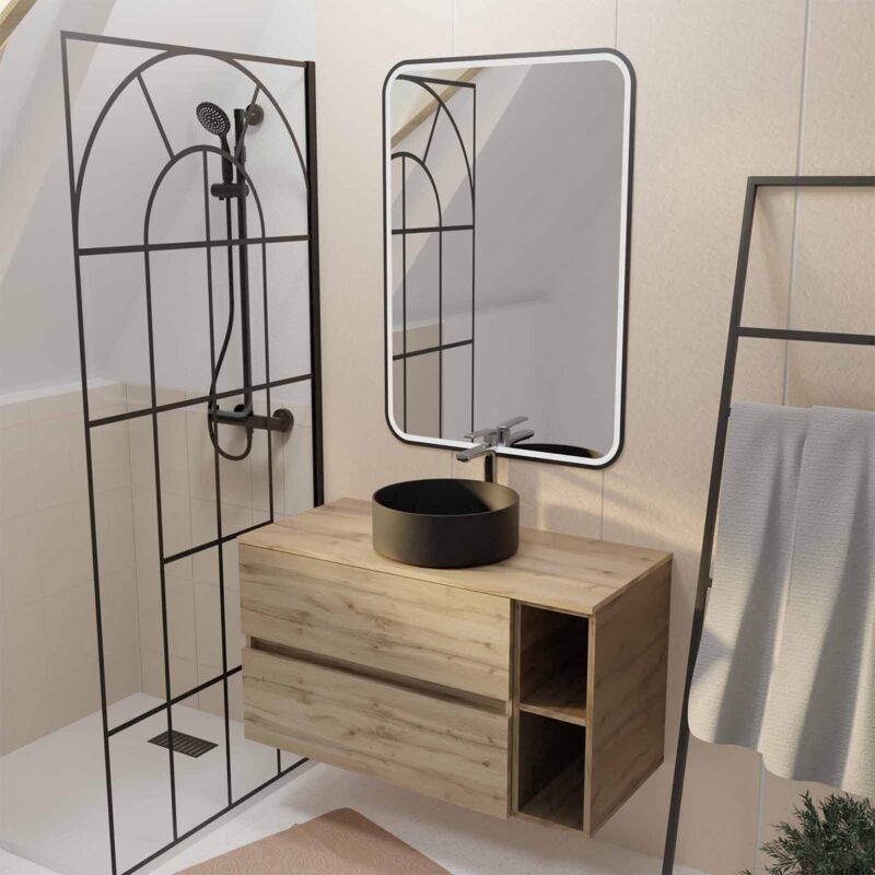 Meuble salle de bains 100 TIMBER Décor Chêne 2 Tiroirs, Vasque Noire, Miroir 60x80 LED bord Noir
