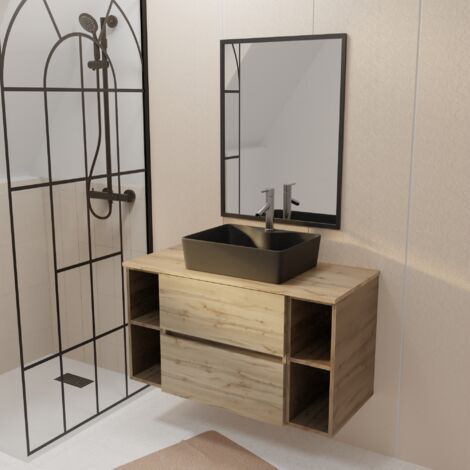 meuble salle de bains 100 timber décor chêne 2 tiroirs vasque noire rectangulaire miroir 60x80