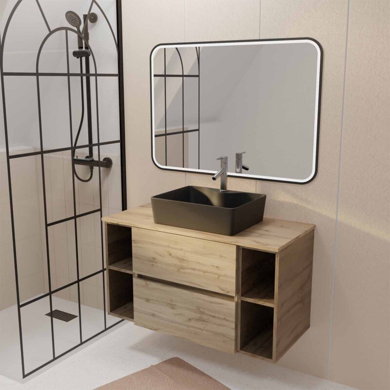 Aurlane - Meuble salle de bains 100 timber Décor Chêne 2 Tiroirs Vasque Noire Rectangulaire Miroir led noir