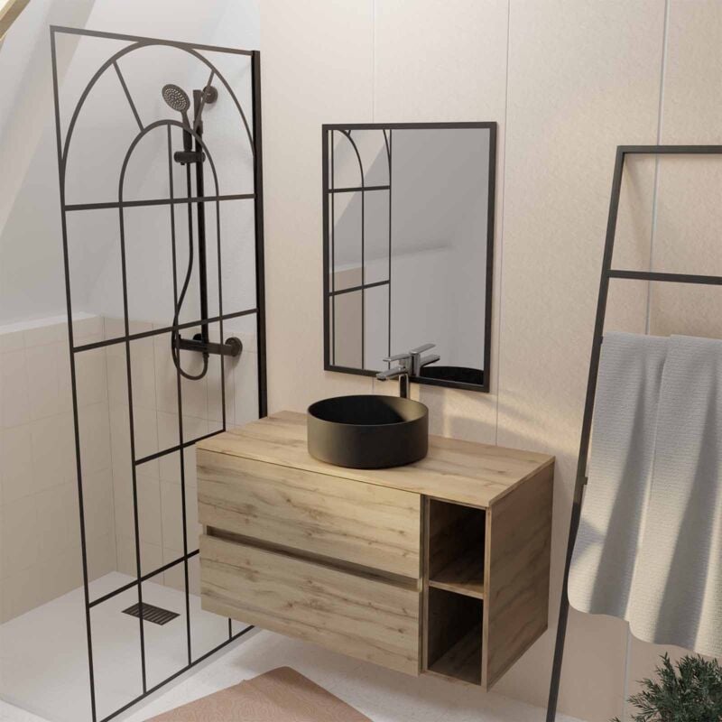 Aurlane - Meuble salle de bains 100 timber Décor Chêne Tiroirs + Niches - Vasque Noire - Miroir Bords Noirs