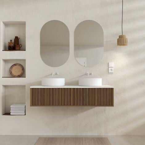 Aurlane – Ensemble de meubles de salle de bain 120 cm – 2 tiroirs décor chêne et noir – Vasques blanches Ø36 cm – Miroirs ovales 50 x 80 cm