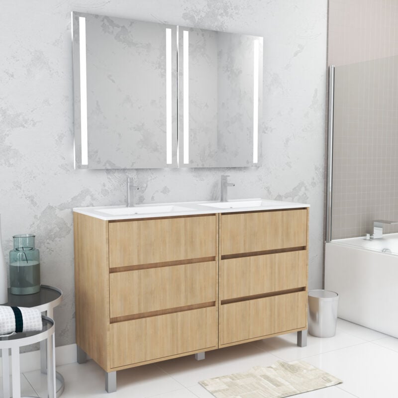 Aurlane - Meuble Salle de Bains 120 cm Chêne Clair 6 Tiroirs, Vasque, Miroirs 60x80 à Leds intégrées - xenos