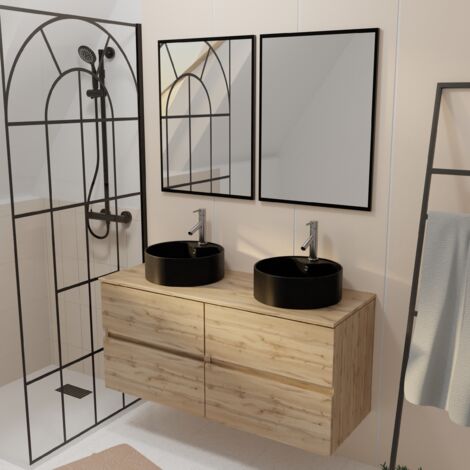 Aurlane – Ensemble de meubles de salle de bain 120cm – 4 tiroirs chêne naturel – 2 vasques rondes Ø41 cm en céramique noire – 2 miroirs 55x75 cm
