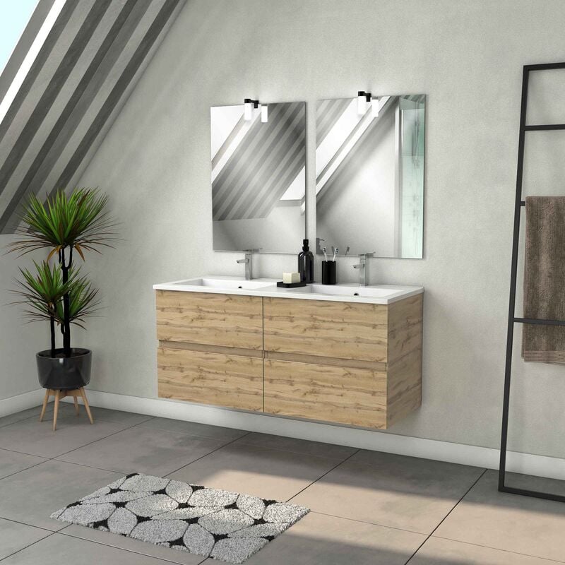 Aurlane - Meuble Salle de Bains 120cm 4 Tiroirs Chêne Naturel + Vasque Blanche + Miroirs avec appliques Led