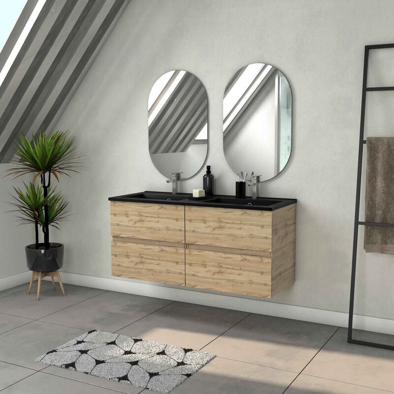 Aurlane - Meuble Salle de Bains 120cm 4 Tiroirs Chêne Naturel + Vasque Noire et Miroirs Ovales