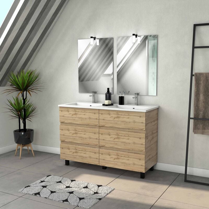 Aurlane - Meuble Salle de Bains 120cm 6 Tiroirs Chêne Naturel + Vasque Blanche + Miroirs avec appliques Led