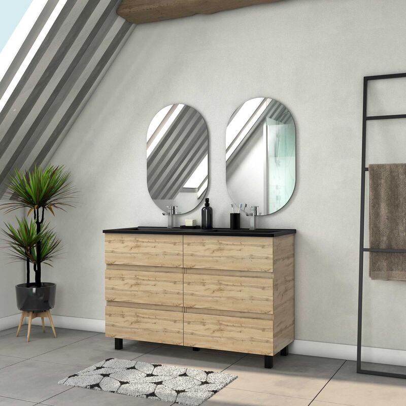 Aurlane - Meuble Salle de Bains 120cm 6 Tiroirs Chêne Naturel + Vasque Noire et Miroirs Ovales