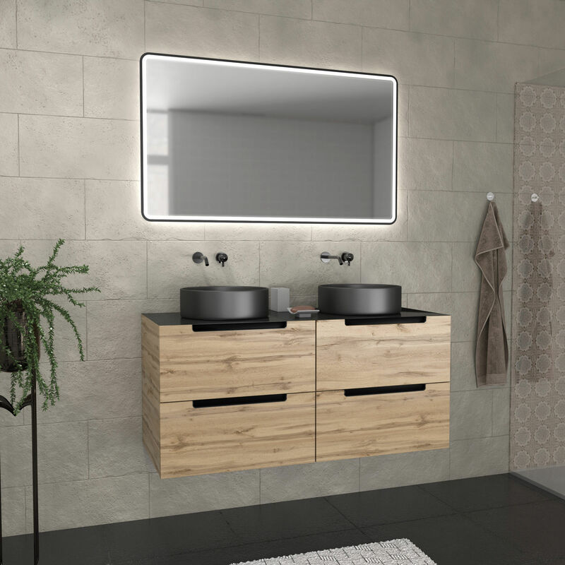 Aurlane - Meuble salle de bains 120cm Chene et noir, Vasques rondes Diam 36cm et Miroir Black Led 120x70
