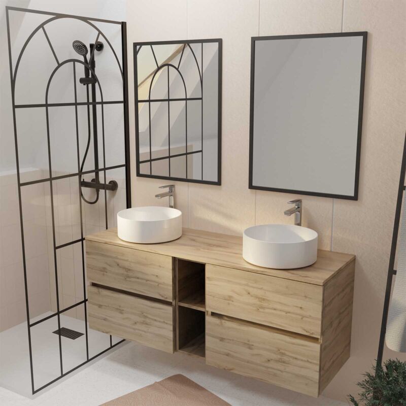 Meuble Salle de Bains 140 timber Décor Chêne 4 Tiroirs et Module 2 Vasques Blanches 2 Miroirs 60x80