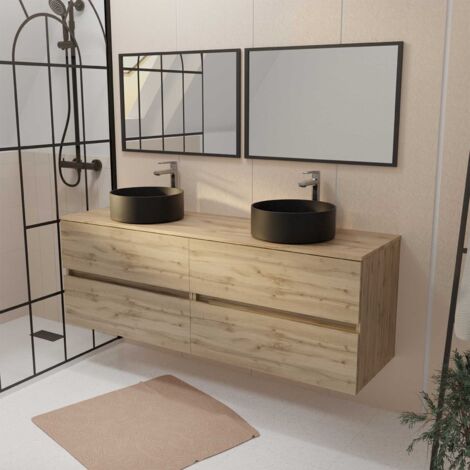 Aurlane – Meuble sous vasque 160 cm – 2 caissons 80 cm en mélaminé chêne – 4 tiroirs soft-close – 2 vasques céramique noire Ø36 cm – 2 miroirs 75x55 cm