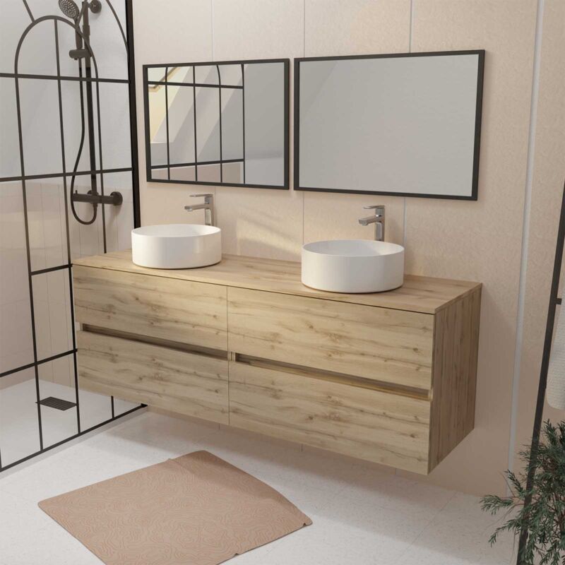 Aurlane - Meuble Salle de Bains 160 timber Décor Chêne 4 Tiroirs Plan Vasques à Poser Blanches 2 Miroirs 75x55