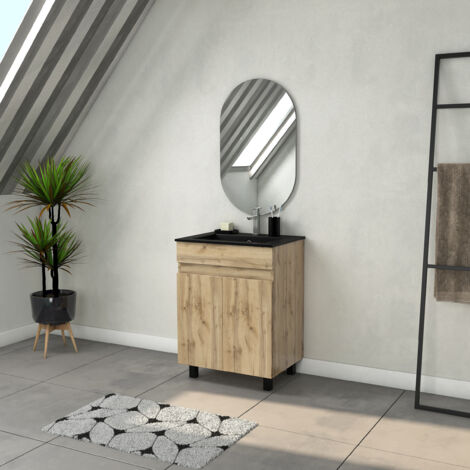 Aurlane – Meuble lave-mains 60 cm – 2 portes chêne naturel – Vasque céramique noire – Miroir ovale orientable 50x80 cm