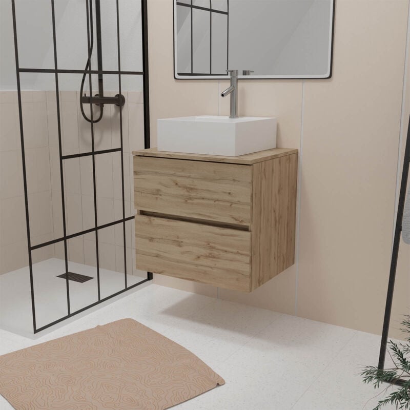 Aurlane - Meuble Salle de Bains 60cm 2 Tiroirs Chêne Naturel + Vasque Carrée 41x41x15cm en Céramique Blanche