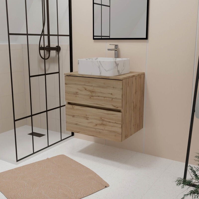 Meuble Salle de Bains 60cm 2 Tiroirs Chêne Naturel + Vasque Carrée 38x38x13cm Blanche Effet Marbre