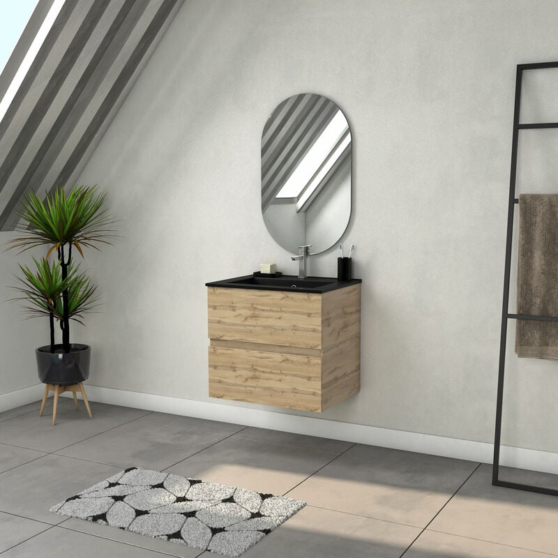 Aurlane - Meuble Salle de Bains 60cm 2 Tiroirs Chêne Naturel + Vasque Noire et Miroir Ovale