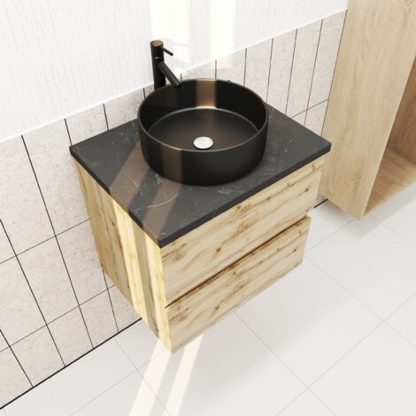 Aurlane – Meuble lave-mains suspendu 60cm chêne naturel – 2 tiroirs soft-close – Plan en bois effet marbre noir – Vasque ronde en céramique noire