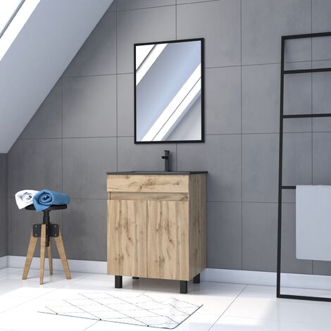 Meuble salle de bains 60cm décor chene naturel 2 portes - Vasque noire et Miroir - TIMBER