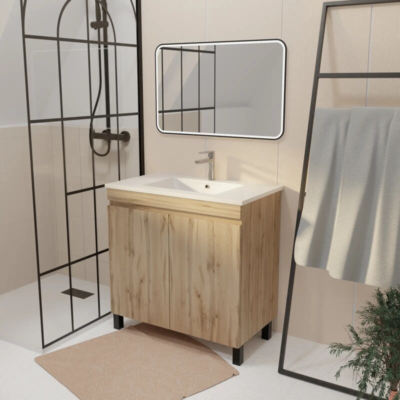 Aurlane - Meuble Salle de Bains 70 cm Décor Chêne Naturel à Portes - Vasque céramique blanche et miroir 70x50