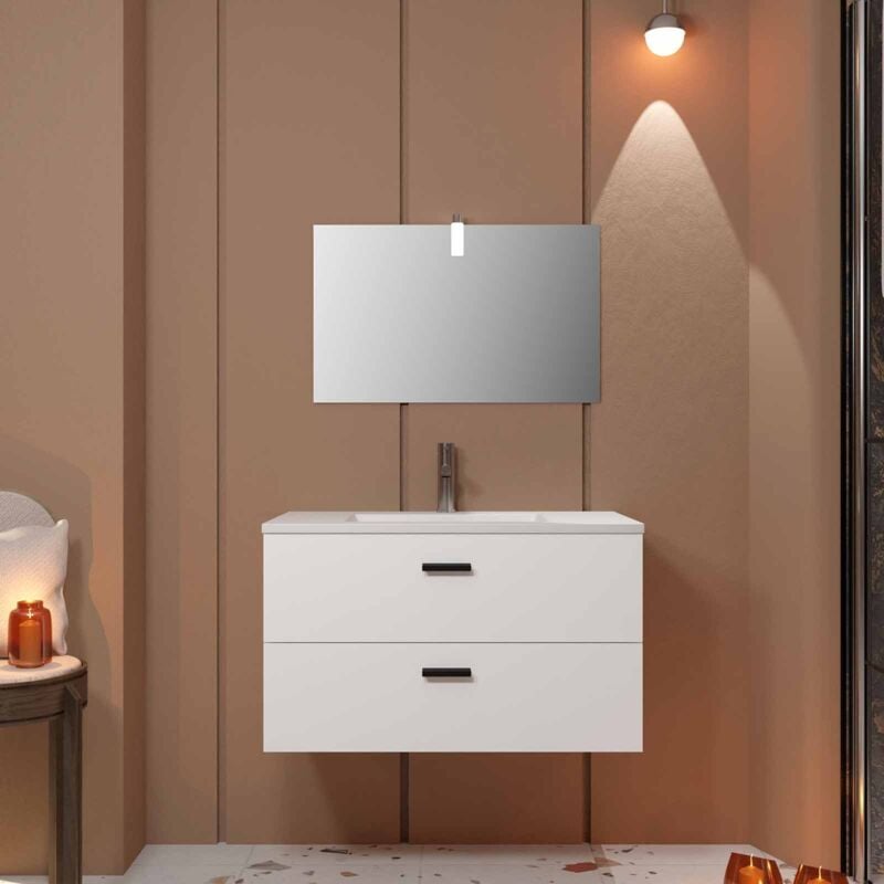 Meuble salle de bains 80 cm 2 Tiroirs Blanc avec Vasque blanche, miroir et applique Led - box led
