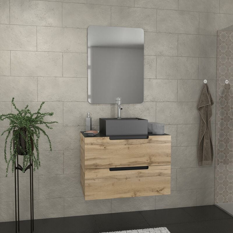Aurlane - Meuble salle de bains 80 cm 2 tiroirs - Chêne et noir - Vasque carrée - Miroir 60x80 - omega