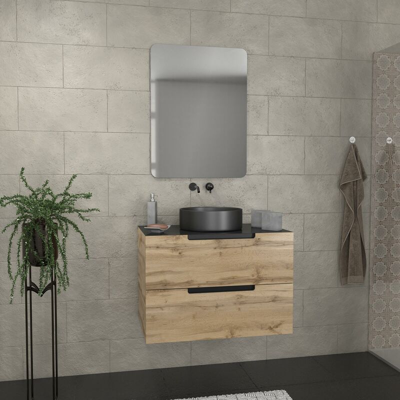 Aurlane - Meuble salle de bains 80 cm 2 tiroirs - Chêne et noir - Vasque ronde - Miroir 60x80 - omega