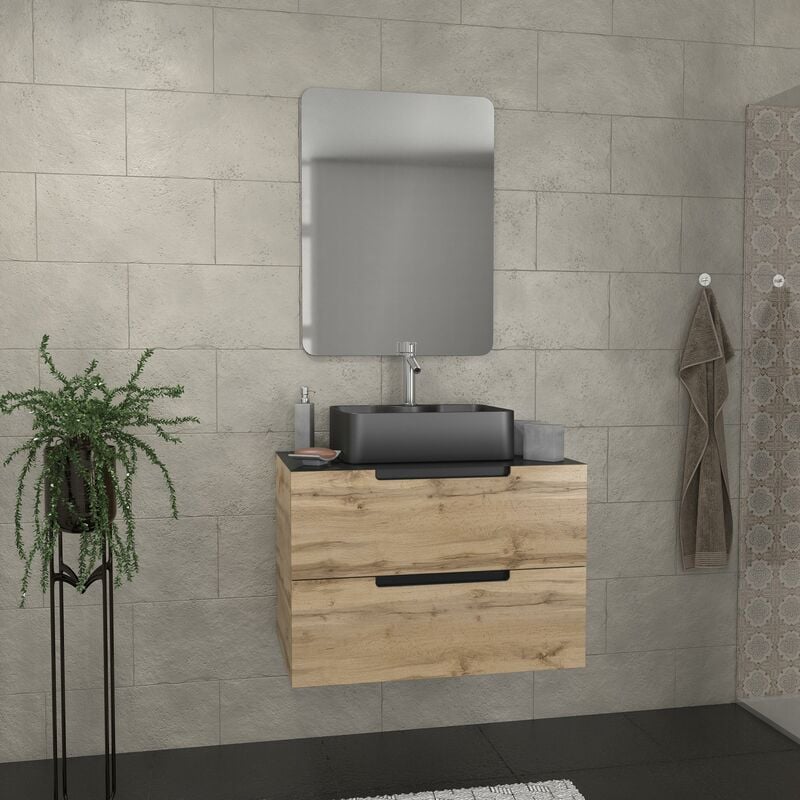 Aurlane - Meuble salle de bains 80 cm 2 tiroirs - Chêne et noir - Vasque rectangle - Miroir 60x80 - omega