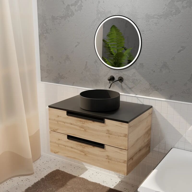 Aurlane - Meuble salle de bains 80cm Decor Bois et Noir, 2 Tiroirs, Vasque Noire 36cm et Miroir Led 50cm
