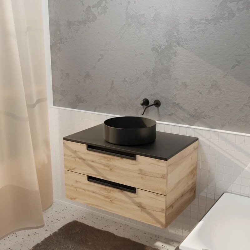 Aurlane - Meuble salle de bains 80 cm a Suspendre Decor Bois et Plan Noir - 2 Tiroirs - Vasque Noire 36 cm