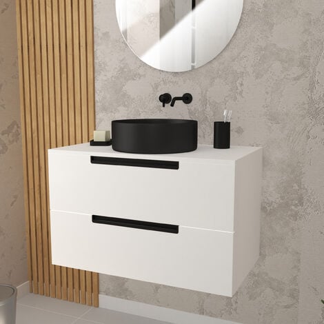 Meuble salle de bains 80 cm Blanc Laqué à suspendre - 2 tiroirs - Vasque Noire Ø36 cm