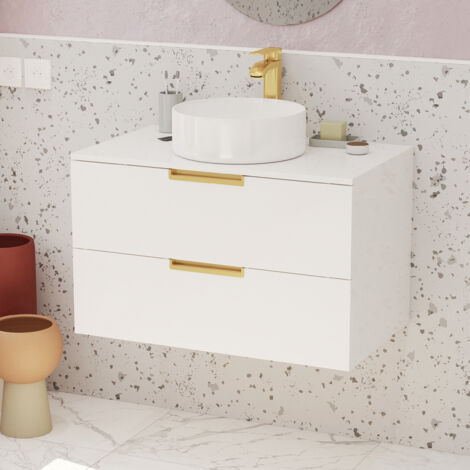 meuble salle de bains 80 cm laqué blanc et or doré - 2 tiroirs - vasque ronde à poser blanche