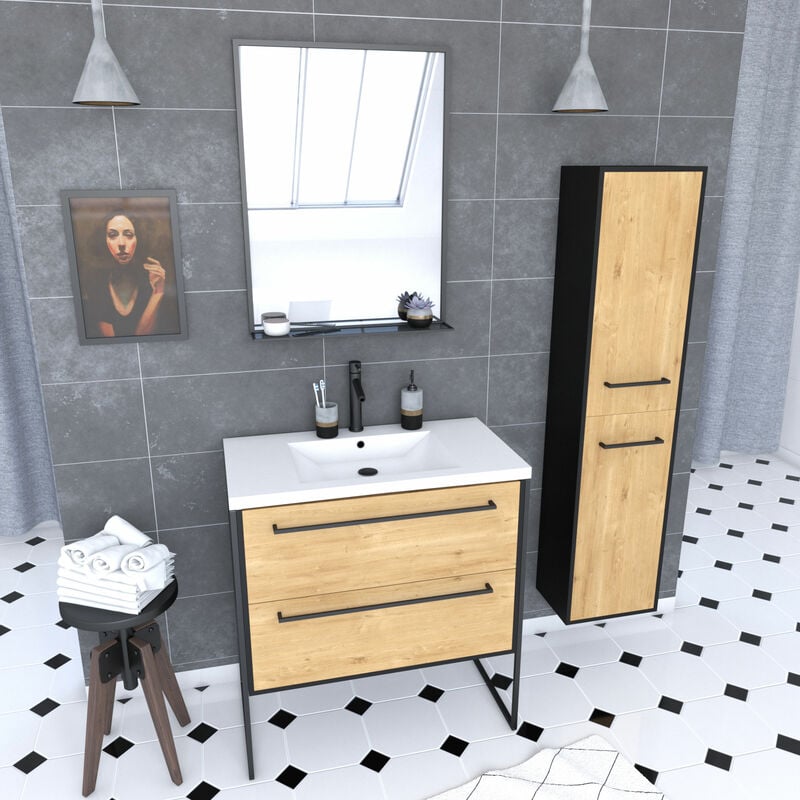 Aurlane - Meuble Salle de Bains 80 cm, Vasque Blanche, Miroir et Colonne - Chêne et Noir - structura