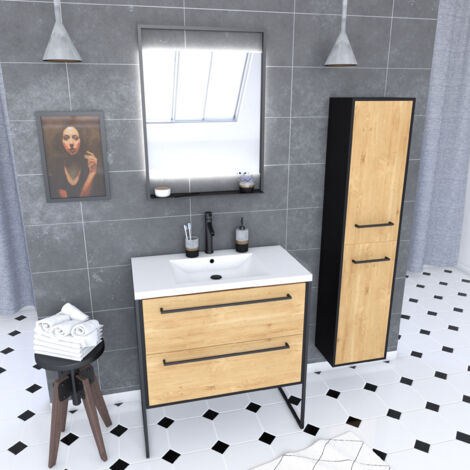 meuble salle de bains 80 cm, vasque blanche, miroir led et colonne - chêne et noir - structura