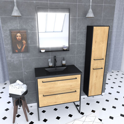 Aurlane – Meuble sous vasque 80 cm en chêne et noir – Vasque noire effet pierre – Miroir LED 60x80 cm – Colonne de rangement suspendue 30x35x150 cm