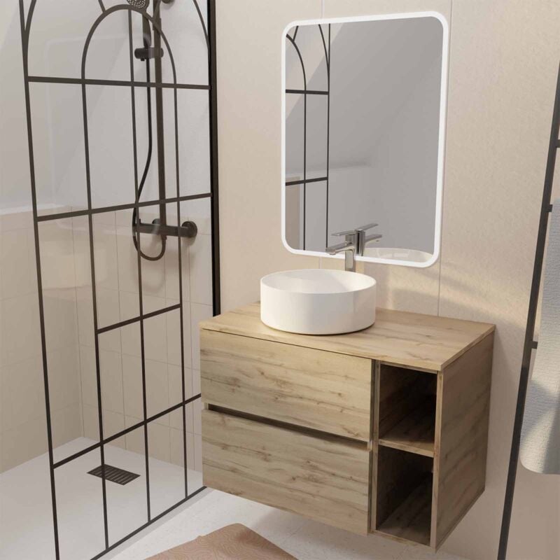 Aurlane - Meuble salle de bains 80 timber Décor Chêne Tiroirs + Module - Vasque Blanche - Miroir 60x80 led