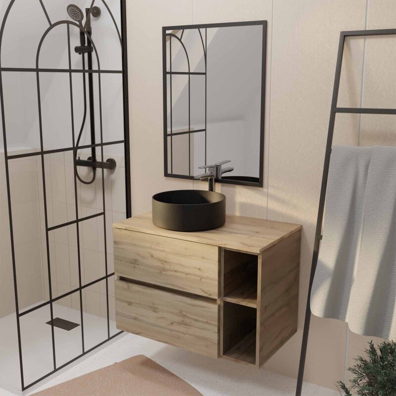 Aurlane - Meuble salle de bains 80 timber Décor Chêne Tiroirs + Module - Vasque Noire - Miroir Bords Noirs