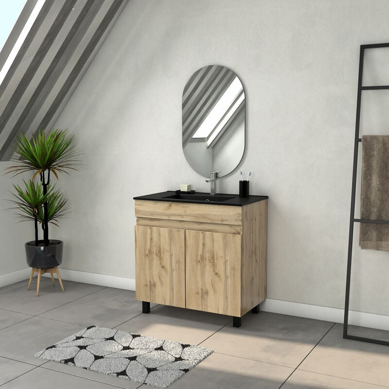 Aurlane - Meuble Salle de Bains 80cm 2 Portes Chêne Naturel + Vasque Noire et Miroir Ovale