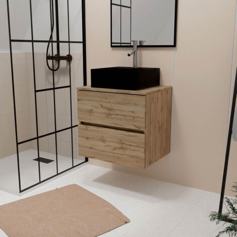 meuble salle de bains 80cm 2 tiroirs chêne naturel + vasque carrée 41x41x15cm en céramique noire