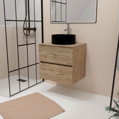 Aurlane – Meuble lave-mains 80cm – 2 tiroirs chêne naturel – Vasque ronde Ø41cm céramique noire – Meuble à suspendre avec fermeture progressive