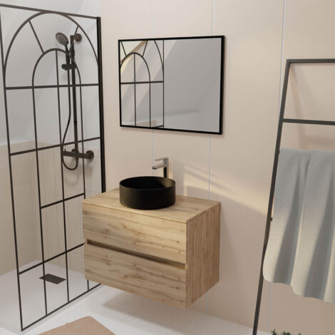 meuble salle de bains 80cm 2 tiroirs chêne naturel + vasque ronde noire 36cm et miroir 60x80cm