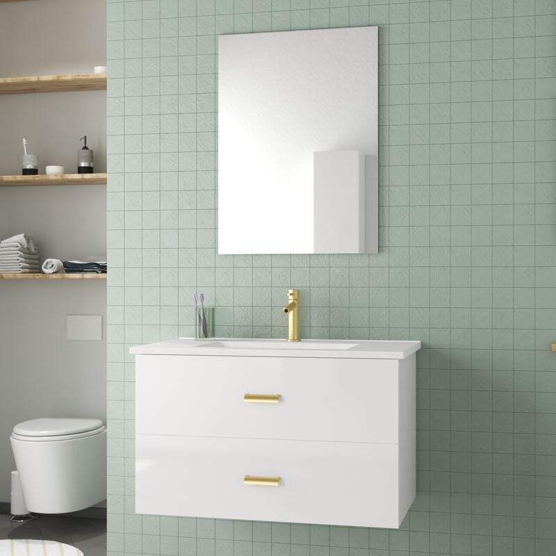 Meuble Salle de Bains 80 cm Laqué Blanc et Or Doré à Tiroirs avec Vasque Céramique et Miroir