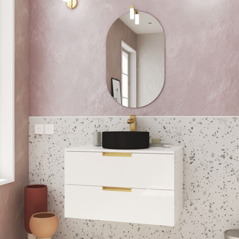 Aurlane – Meuble lave-mains 80 cm laqué blanc et or doré – 2 tiroirs Soft-Close – Vasque ronde noire incluse – Miroir ovale et applique LED