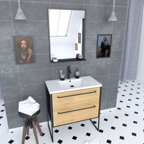 meuble salle de bains 80cm tiroirs finition chêne et noir - vasque blanche - miroir - structura