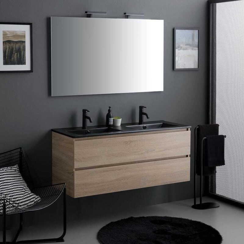 Meuble Salle De Bains Suspendu 120Cm Chêne Avec Lavabo Noir, Miroir Et Lampe Berlin