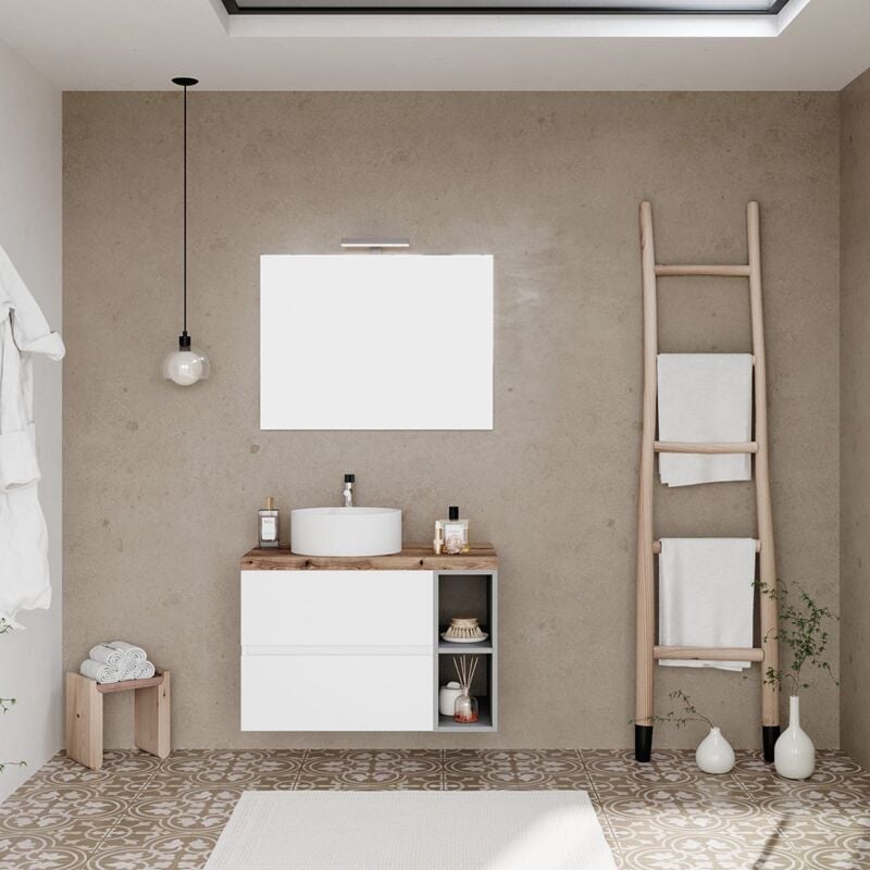 Kiamami Valentina - Meuble Salle De Bains Suspendu 80Cm Avec 2 Tiroirs Et Compartiment Ouvert Nizza