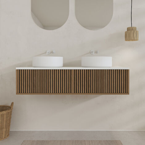 Aurlane – Meuble salle de bains suspendu 120 cm – 2 tiroirs crantés noir et bois – Vasques rondes blanches mates – Système push-to-open et soft-close