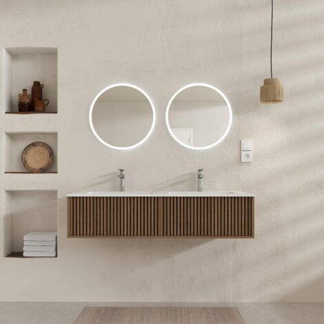 meuble salle de bains yuki 120 - 2 tiroirs décor chêne et noir - vasque blanche - miroirs led 50
