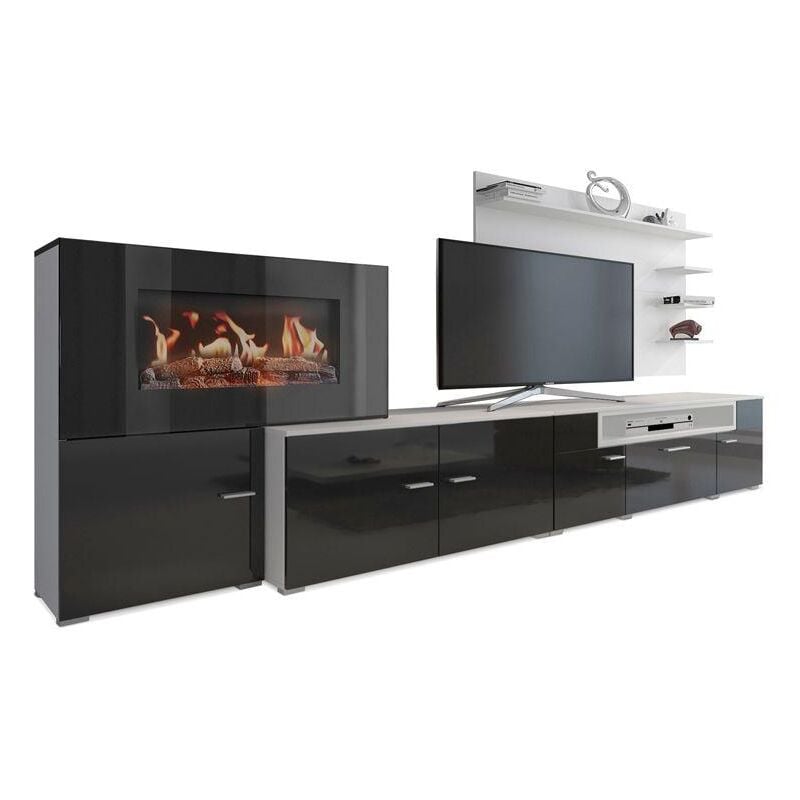Skraut Home - Meuble de salon avec cheminée électrique à 5 niveaux de flamme, finition Blanc Mate et Noir laqué, mesures : 290 x 170 x 45 cm de