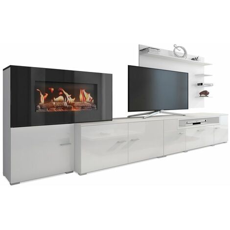 Meuble salon+cheminee electrique,5 niv.de flamme,Blanc Mat/Laque Blanc Brillant,290x170x45 - BLANC